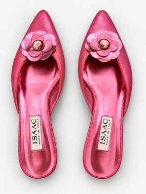 ISAAC Metallic Pink Pointed-Toe Floral Slip-On Mule